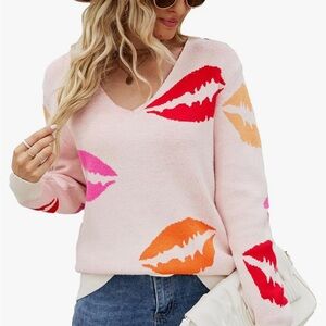 Stylish Pink Lip Print Sweater